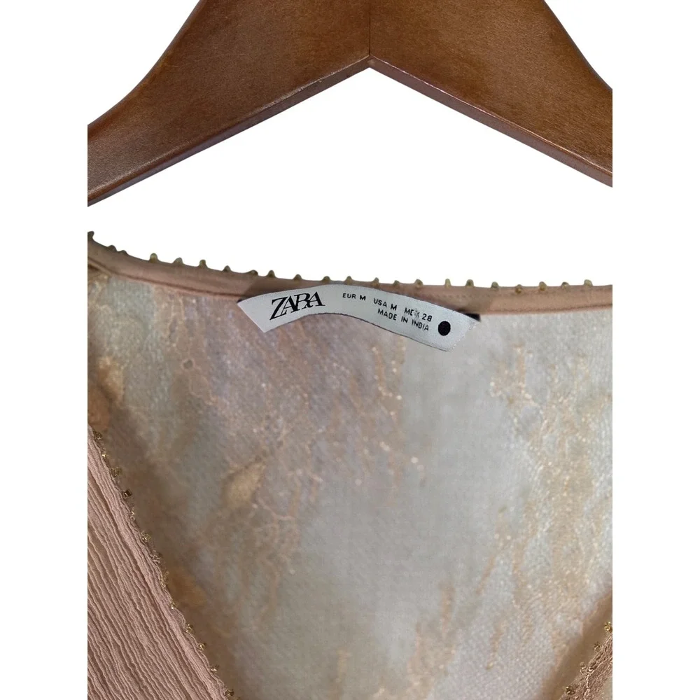ZARA Women's Beige sheer Lace Trim V-Neck Maxi Dress M - Picture 3 of 9